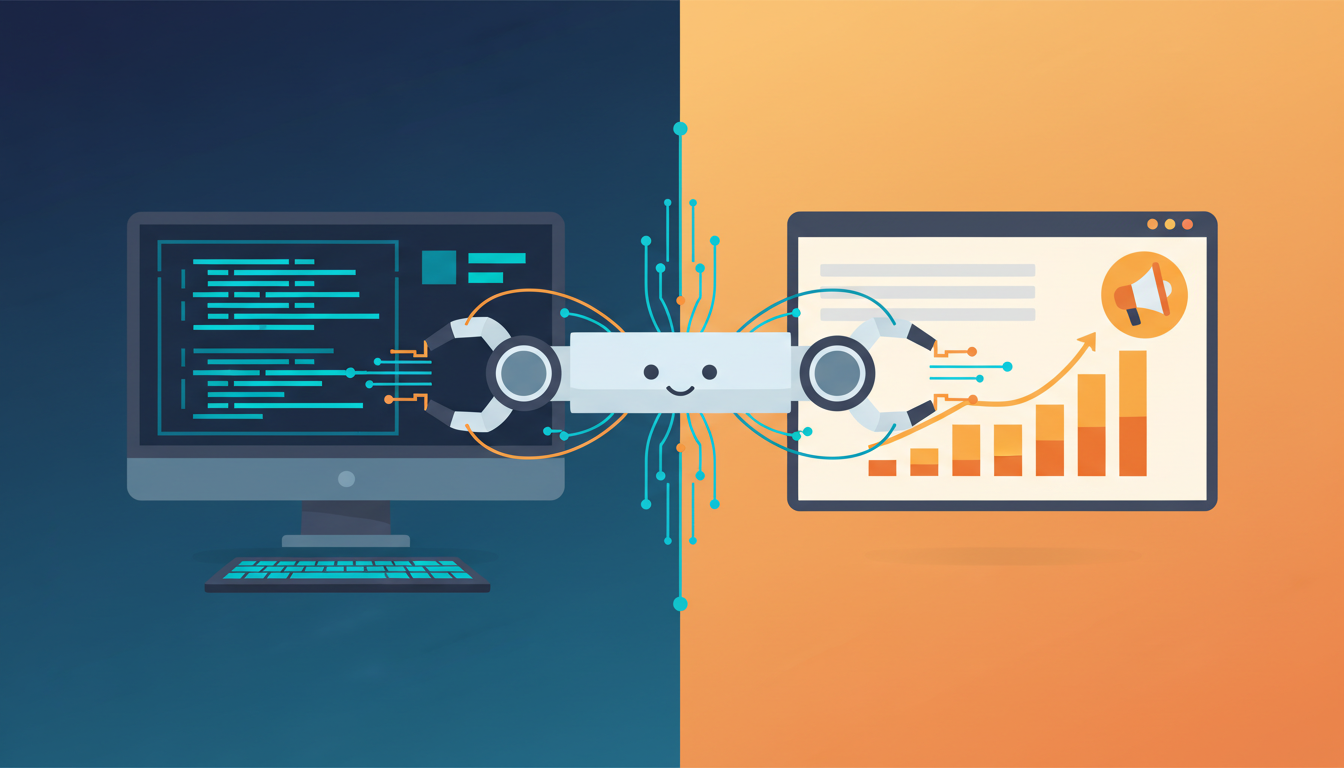 Illustration conceptuelle montrant l'IA qui fait le pont entre le code d'un développeur et le marketing de son produit