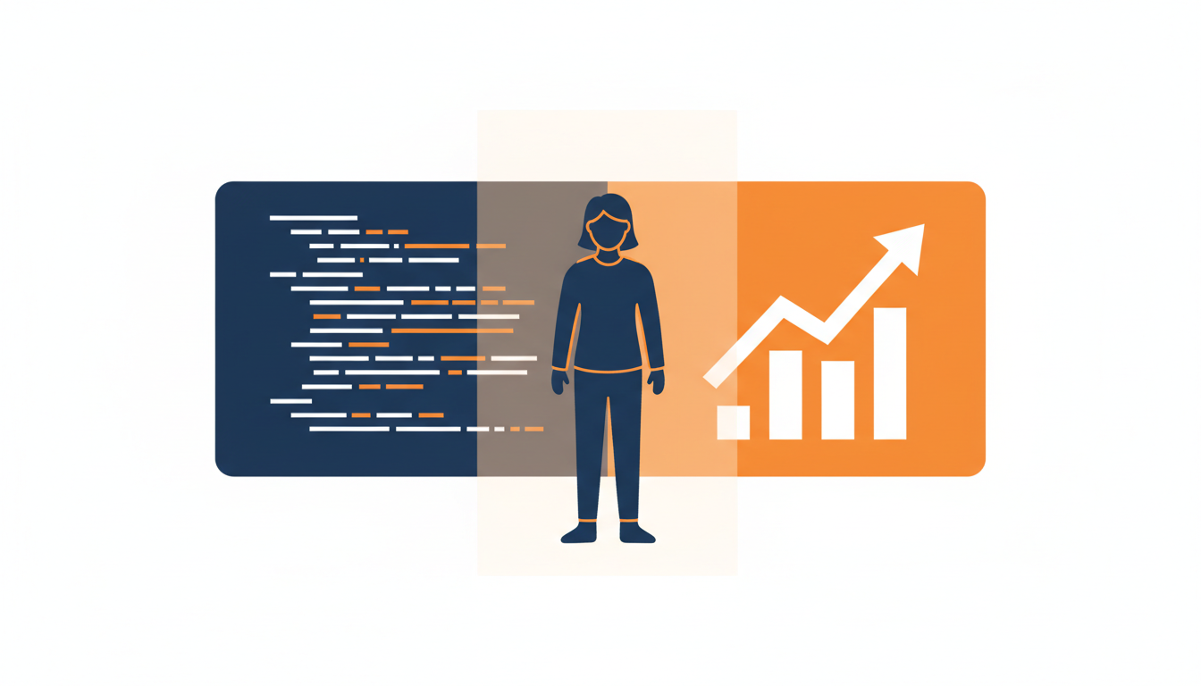 Illustration conceptuelle de l'IA reliant le code d'un développeur et le marketing de son produit