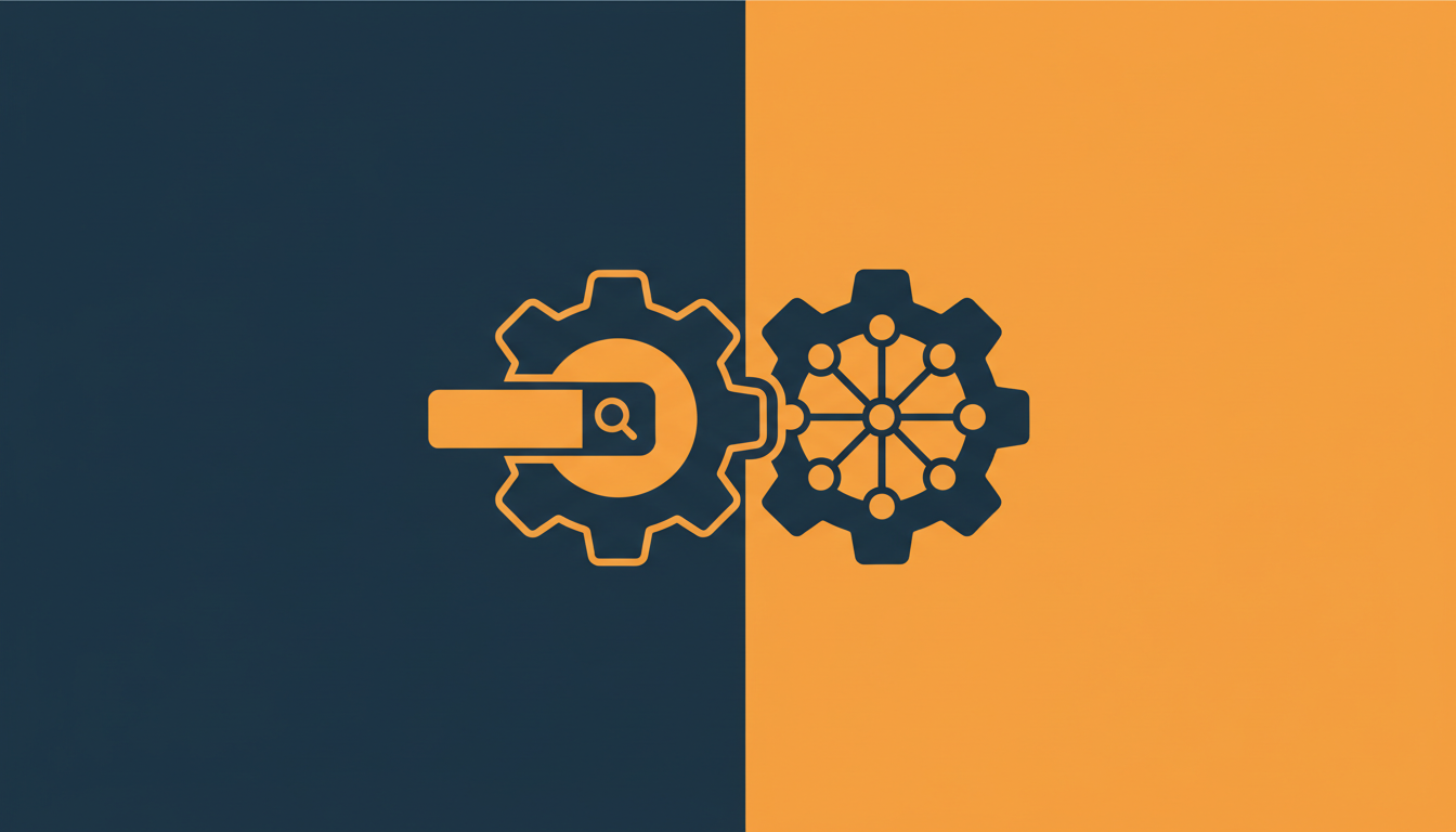 Illustration de deux engrenages connectés représentant la synergie entre le SEO et le GEO.